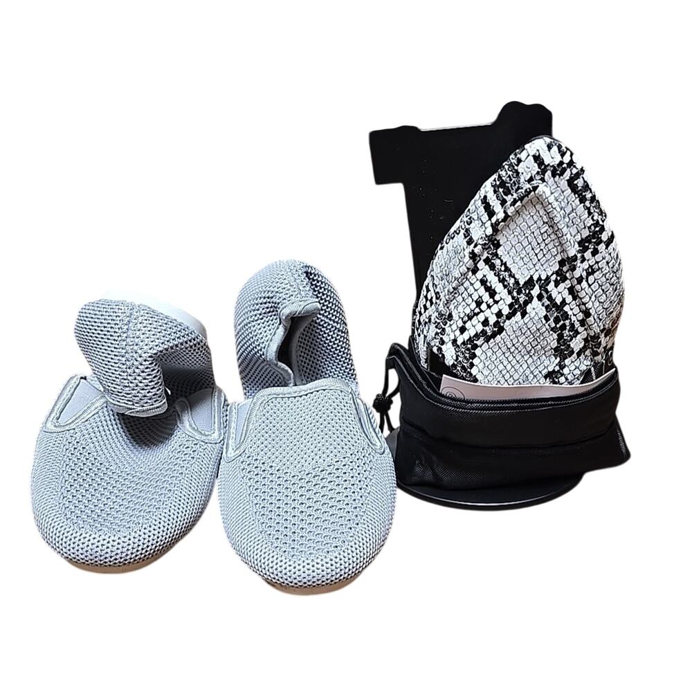 Lot of 2 Rollasole Black Gray Snakeskin Foldable Slip On Flats Womans Sz 5.5-6.5